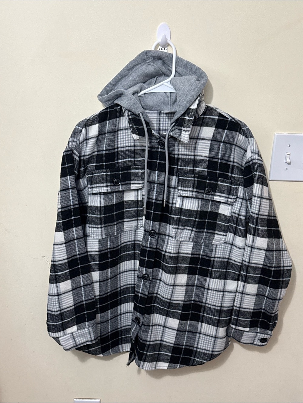 No Boundaries Black & White Plaid Shacket with Gray Hood